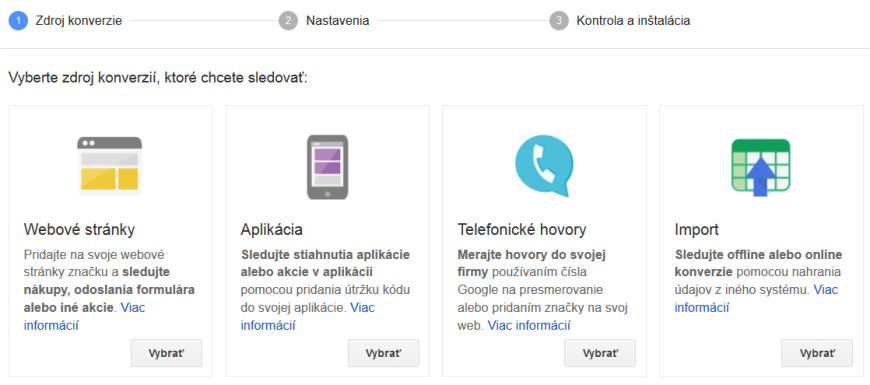 Vyberte zdroj konverzií, ktoré chcete sledovať.