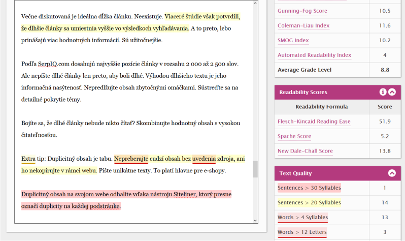 Skontrolujte si skóre čitateľnosti.