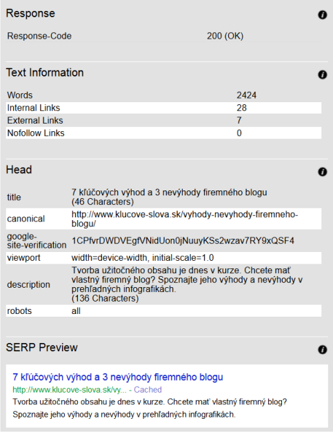 základné informácie o článku a ukážka SERPu v nástroji Browseo