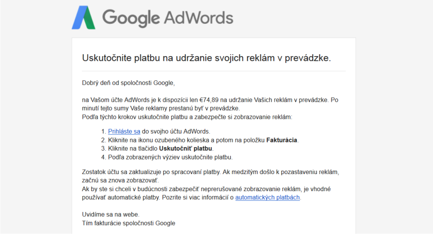 upozornenie na vyčerpaný kredit v AdWords