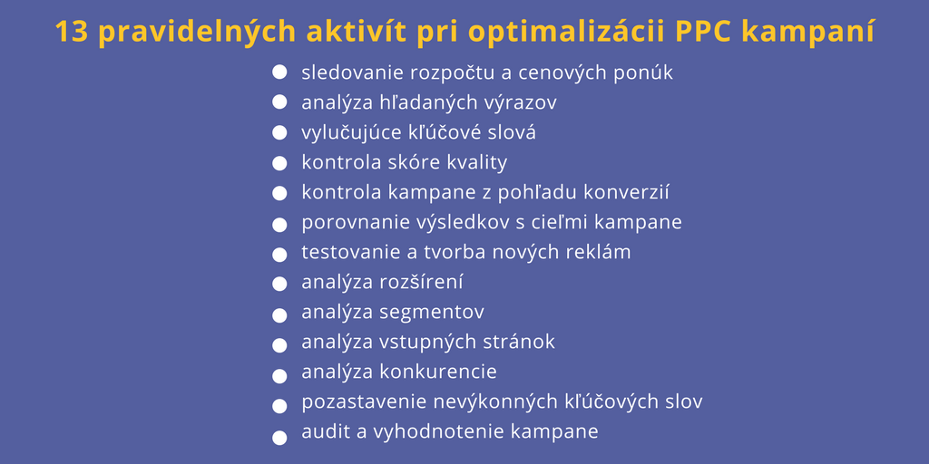 zoznam pravidelných aktivít pri optimalizácii PPC kampane