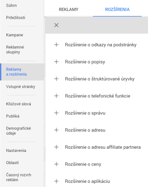 rozšírenia v AdWords