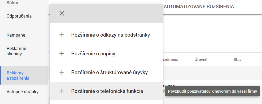 rozšírenia v Google Ads