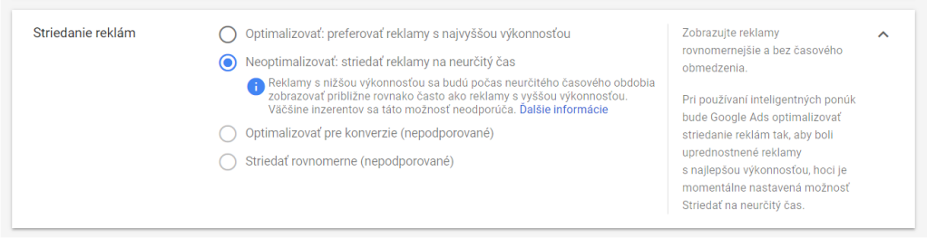 nastavenie striedania reklám vo vyhľadávacej kampani Google Ads