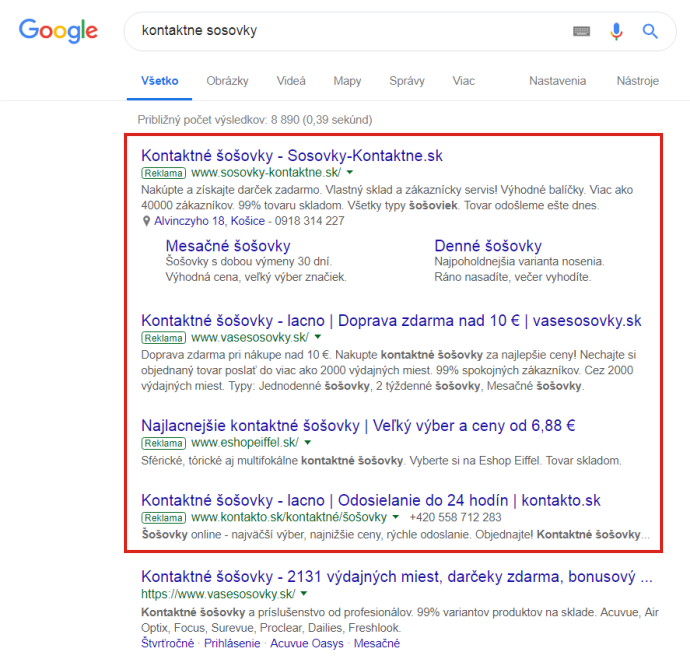 výsledky vyhľadávania po zadaní kľúčového slova v Googli