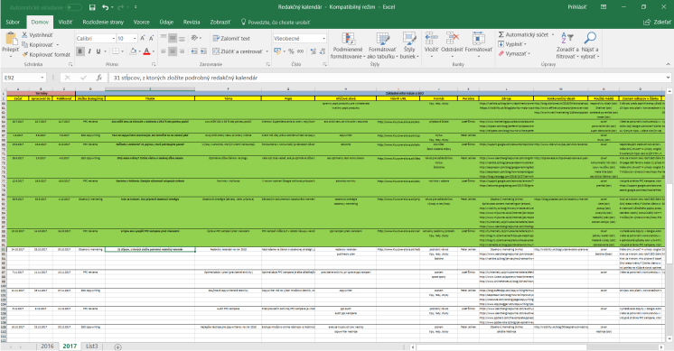 vyplnená šablóna redakčného kalendára v Exceli