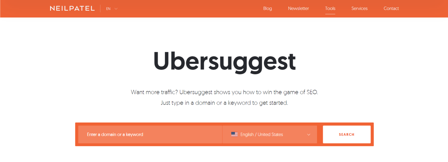 úvodná stránka nástroja na analýzu kľúčových slov Ubersuggest