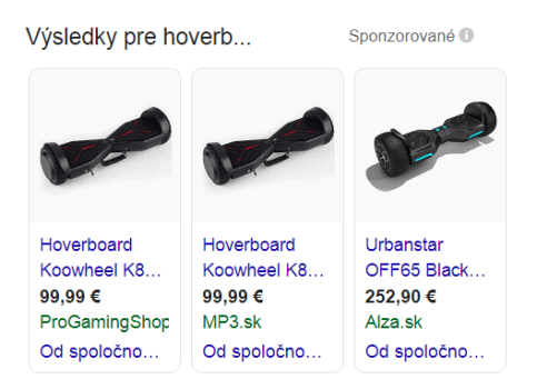 produktové reklamy v Googli pri výraze hoverboard