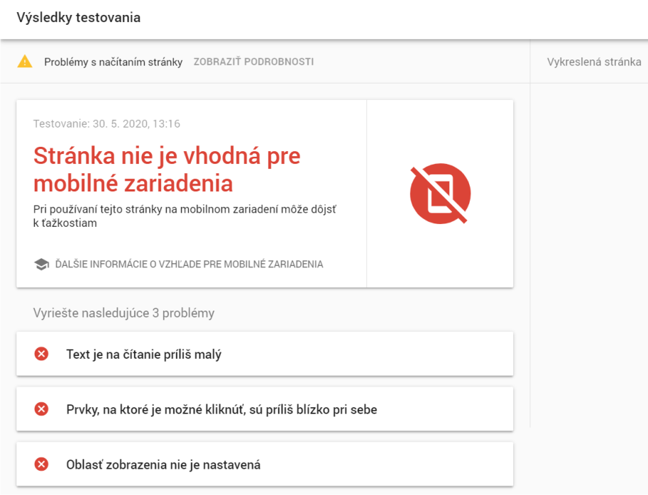 výsledky testovania v nástroji Test pre mobilné zariadenia