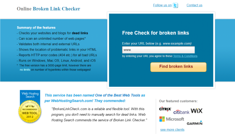 úvodná stránka nástroja Broken Link Check