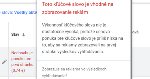 upozornenie na nedostatočnú cenovú ponuku na zobrazenie reklamy v Googli