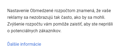 upozornenie na obmedzený rozpočet kampane v Google Ads