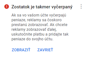 upozornenie na takmer vyčerpaný kredit v Google Ads