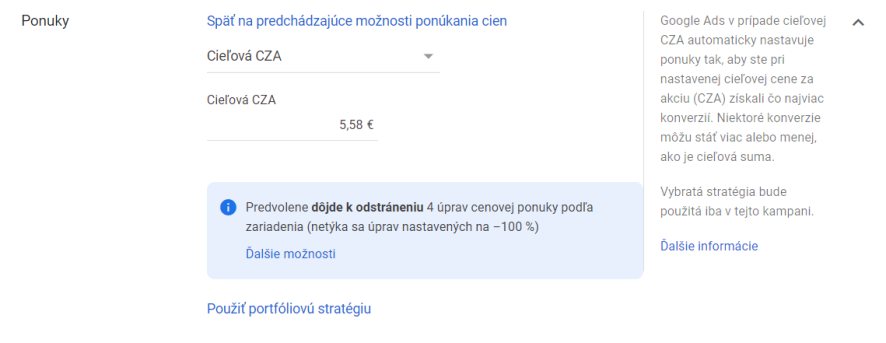 cenová stratégia cieľová CZA v Google Ads