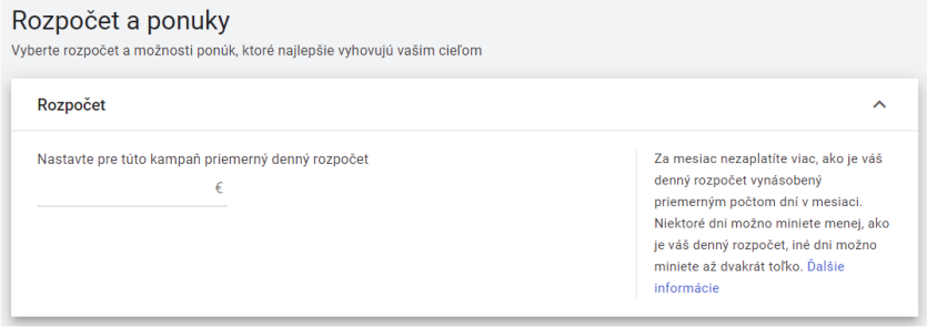 nastavenie denného rozpočtu vyhľadávacej kampane v Google Ads