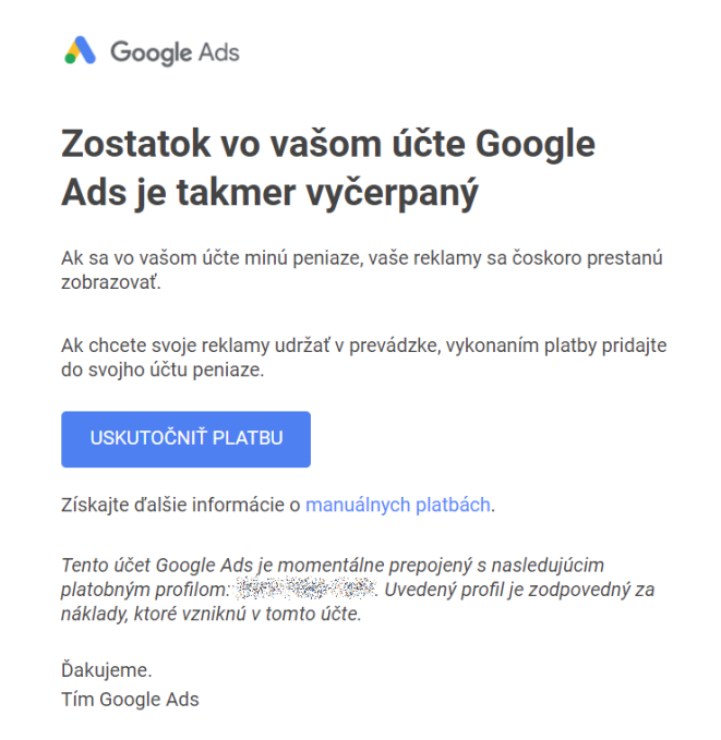 e-mailové upozornenie na vyčerpaný kredit v Google Ads