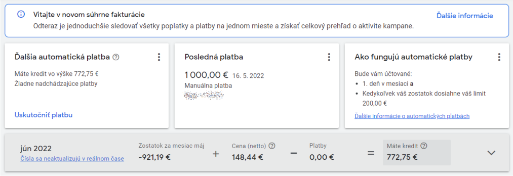 stav kreditu v Google Ads
