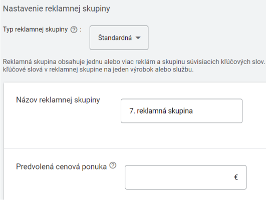 predvolená cenová ponuka v nastavení reklamnej skupiny v Google Ads